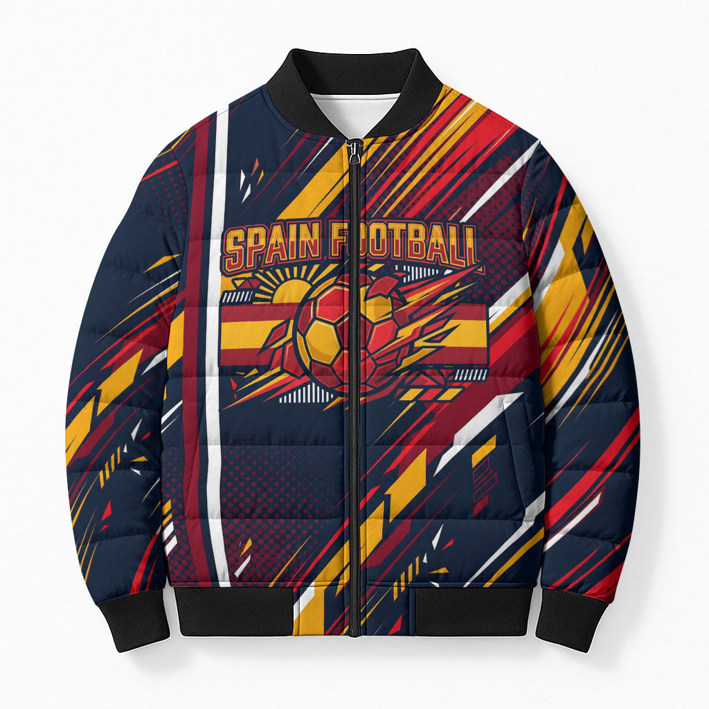 Spain Football Road To Championship Bomber Puffer Jacket Bull Mascot Flying Soccer Ball - Dynamic Speed Stripes