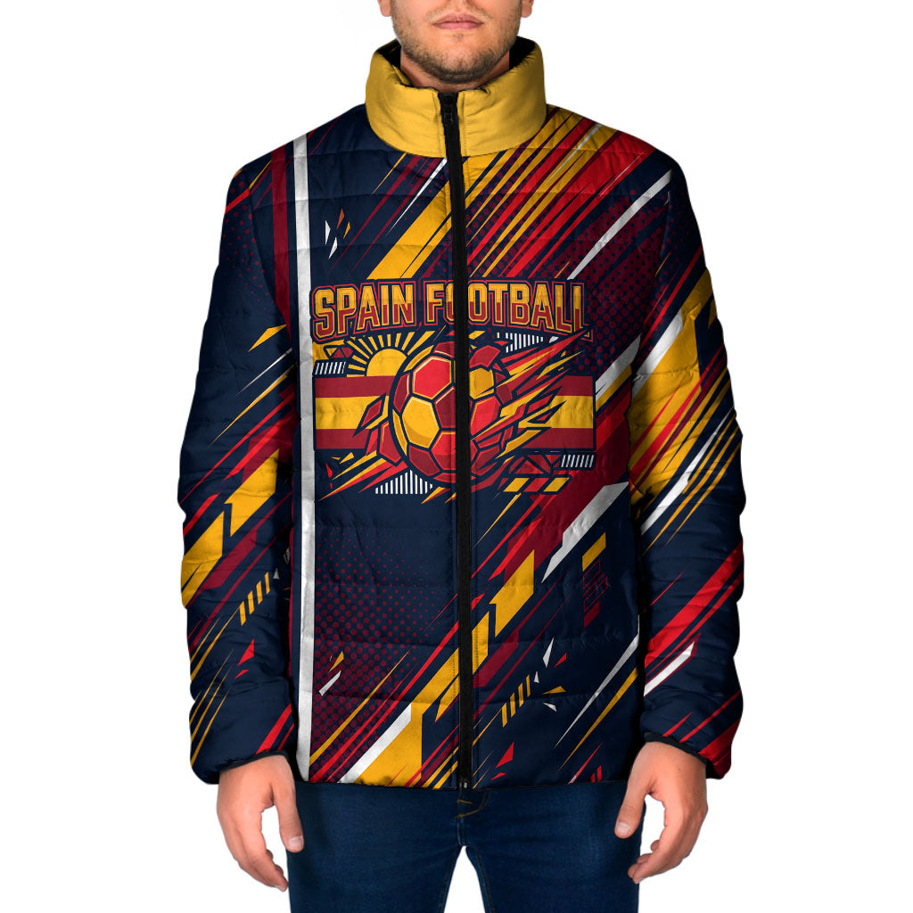 Spain Football Road To Championship Padded Jacket Bull Mascot Flying Soccer Ball - Dynamic Speed Stripes