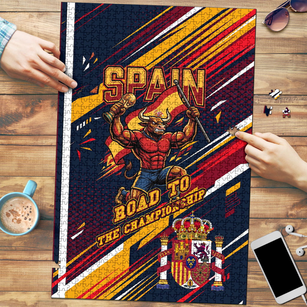 Spain Football Road To Championship Puzzle Bull Mascot Flying Soccer Ball - Dynamic Speed Stripes