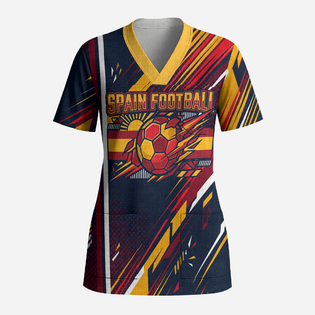 Spain Football Road To Championship Scrub Top Bull Mascot Flying Soccer Ball - Dynamic Speed Stripes