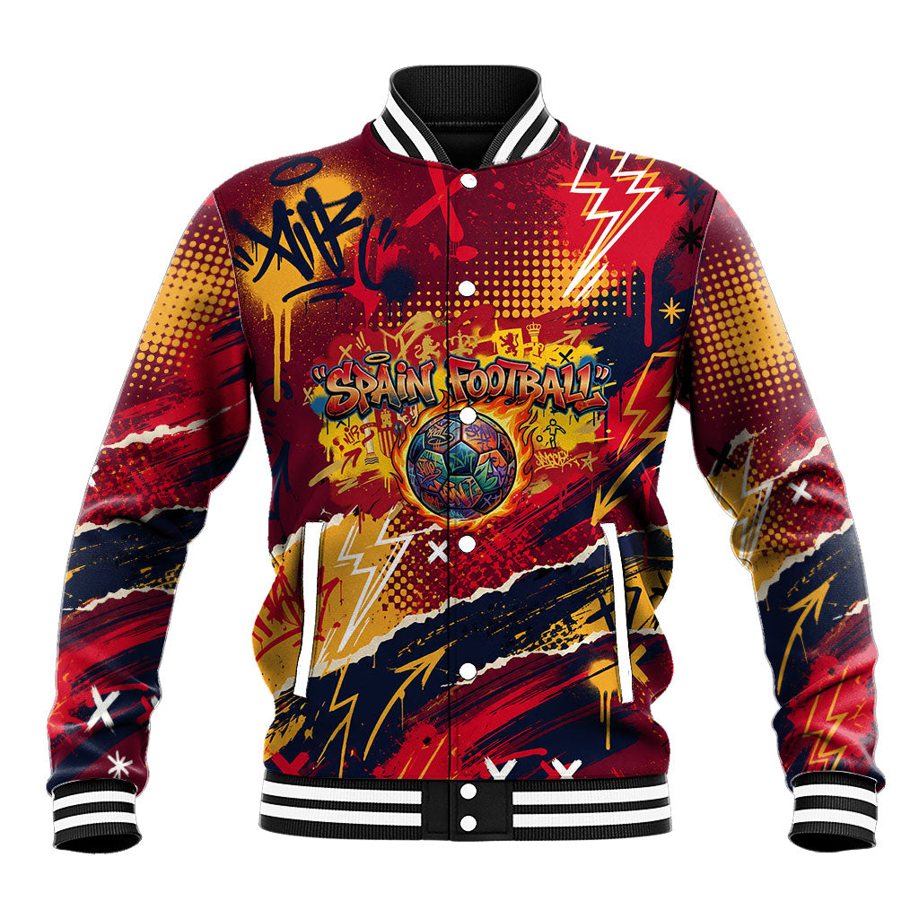 Spain Football Rule The Pitch Baseball Jacket Urban Graffiti Soccer Player Flaming Ball