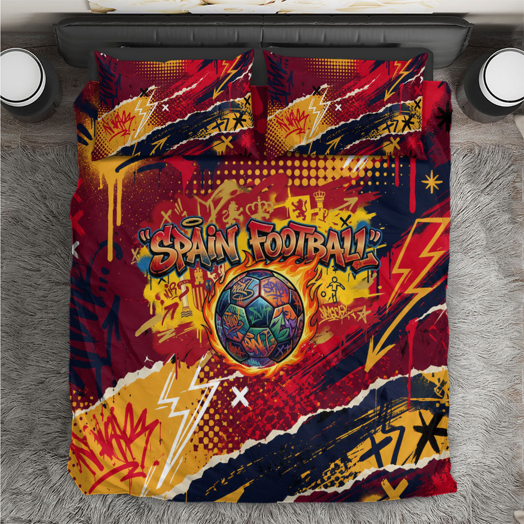 Spain Football Rule The Pitch Bedding Set Urban Graffiti Soccer Player Flaming Ball