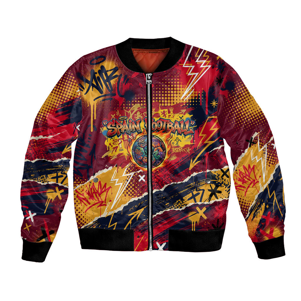 Spain Football Rule The Pitch Bomber Jacket Urban Graffiti Soccer Player Flaming Ball