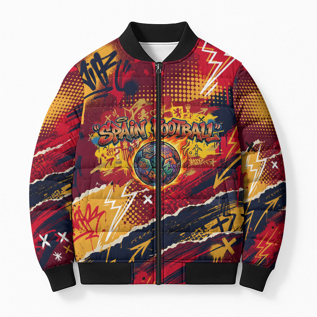 Spain Football Rule The Pitch Bomber Puffer Jacket Urban Graffiti Soccer Player Flaming Ball