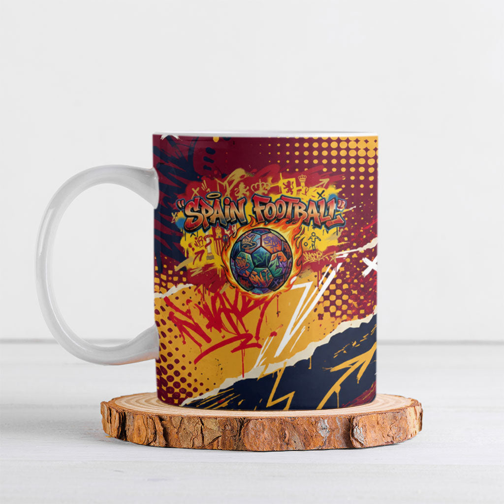 Spain Football Rule The Pitch Ceramic Mug Urban Graffiti Soccer Player Flaming Ball