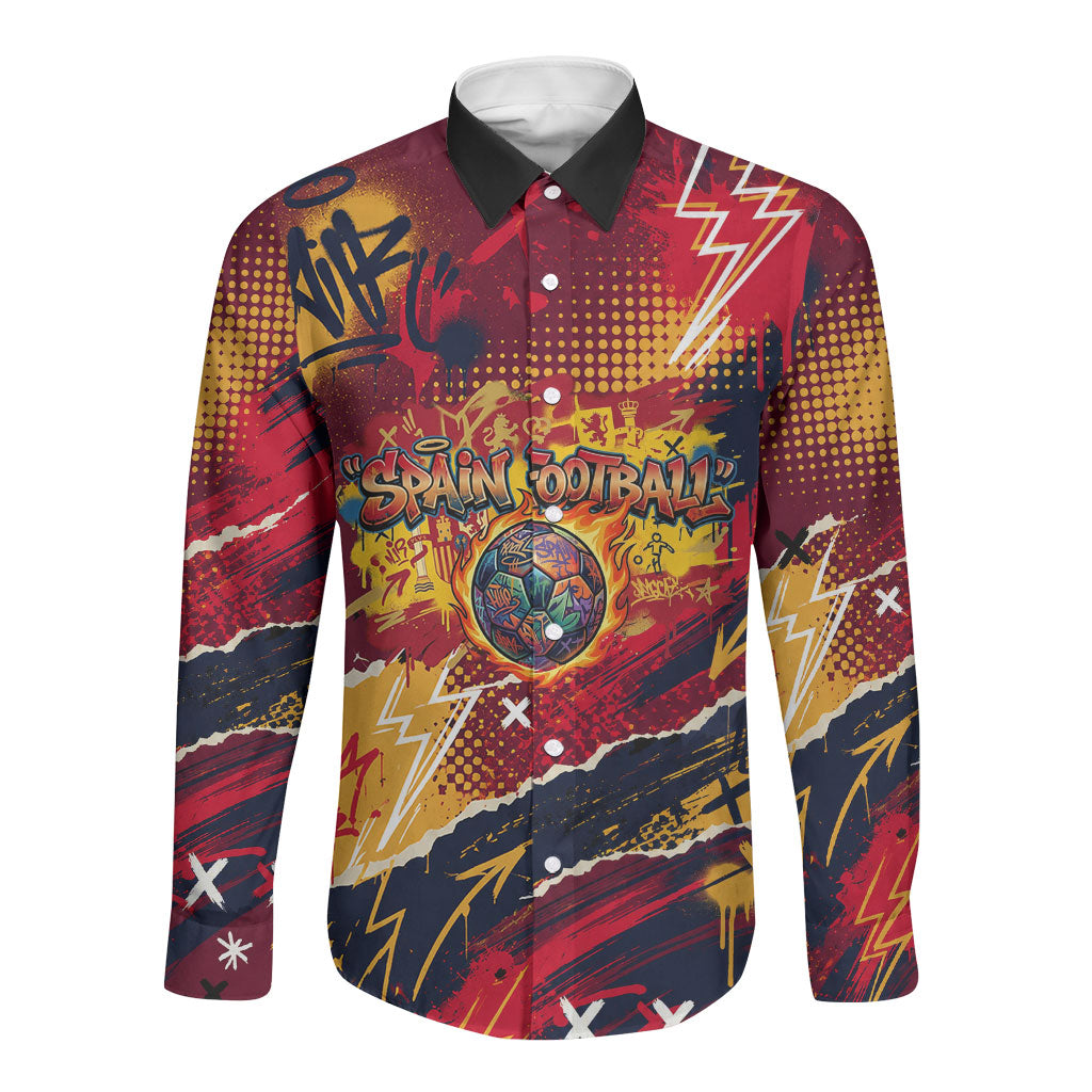 Spain Football Rule The Pitch Long Sleeve Button Shirt Urban Graffiti Soccer Player Flaming Ball