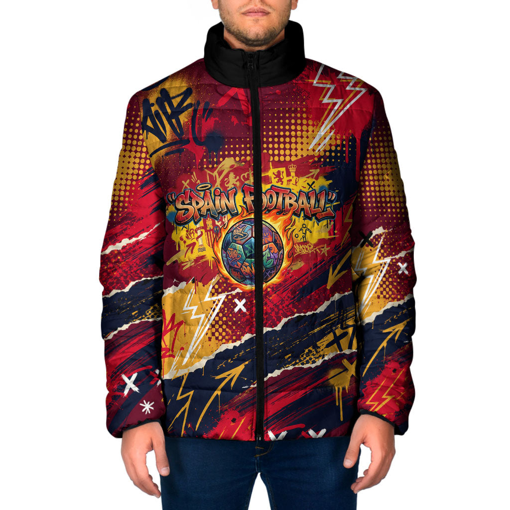 Spain Football Rule The Pitch Padded Jacket Urban Graffiti Soccer Player Flaming Ball