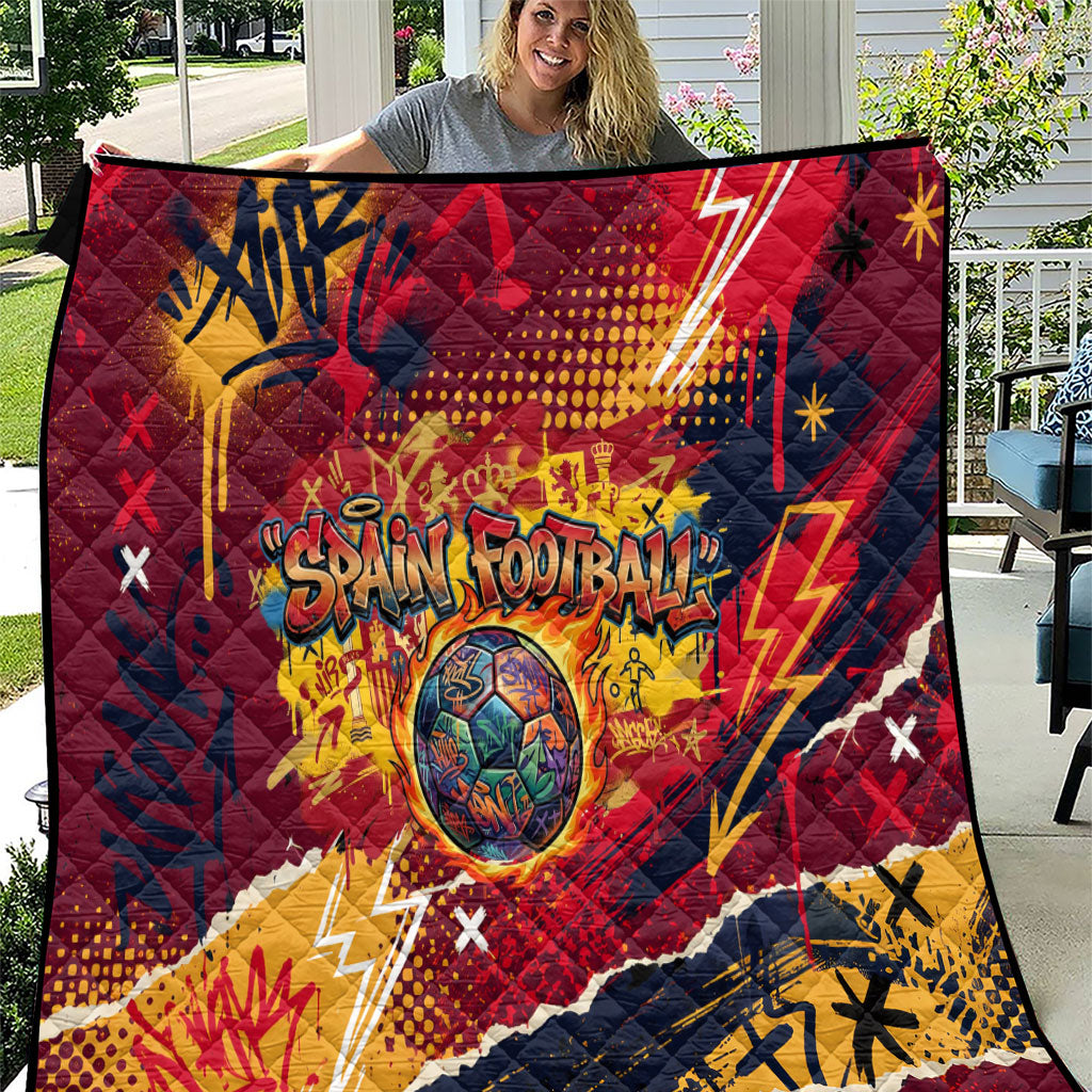 Spain Football Rule The Pitch Quilt Urban Graffiti Soccer Player Flaming Ball