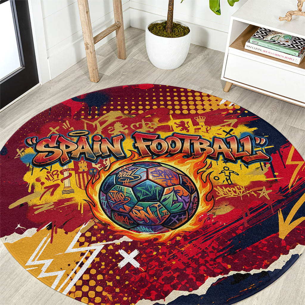 Spain Football Rule The Pitch Round Carpet Urban Graffiti Soccer Player Flaming Ball