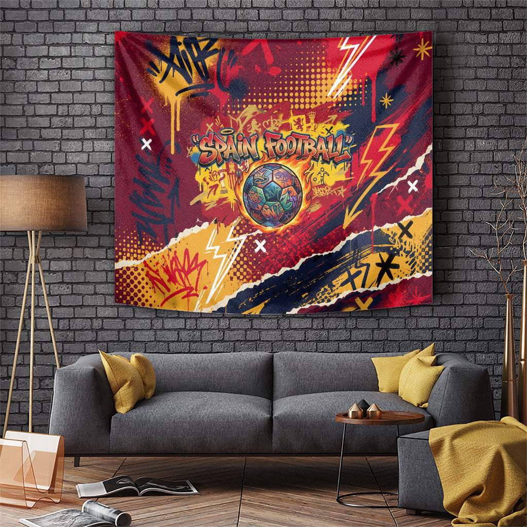 Spain Football Rule The Pitch Tapestry Urban Graffiti Soccer Player Flaming Ball