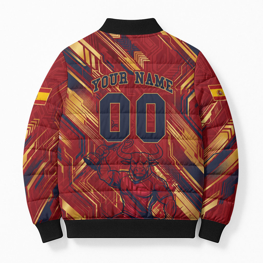 Personalized Spain Football Bomber Puffer Jacket Spanish Shield Bull Mascot
