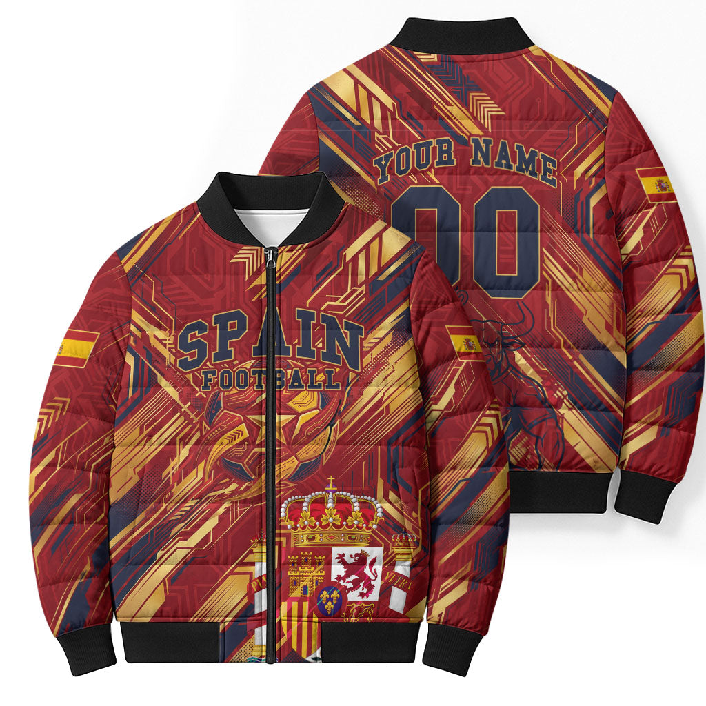 Personalized Spain Football Bomber Puffer Jacket Spanish Shield Bull Mascot