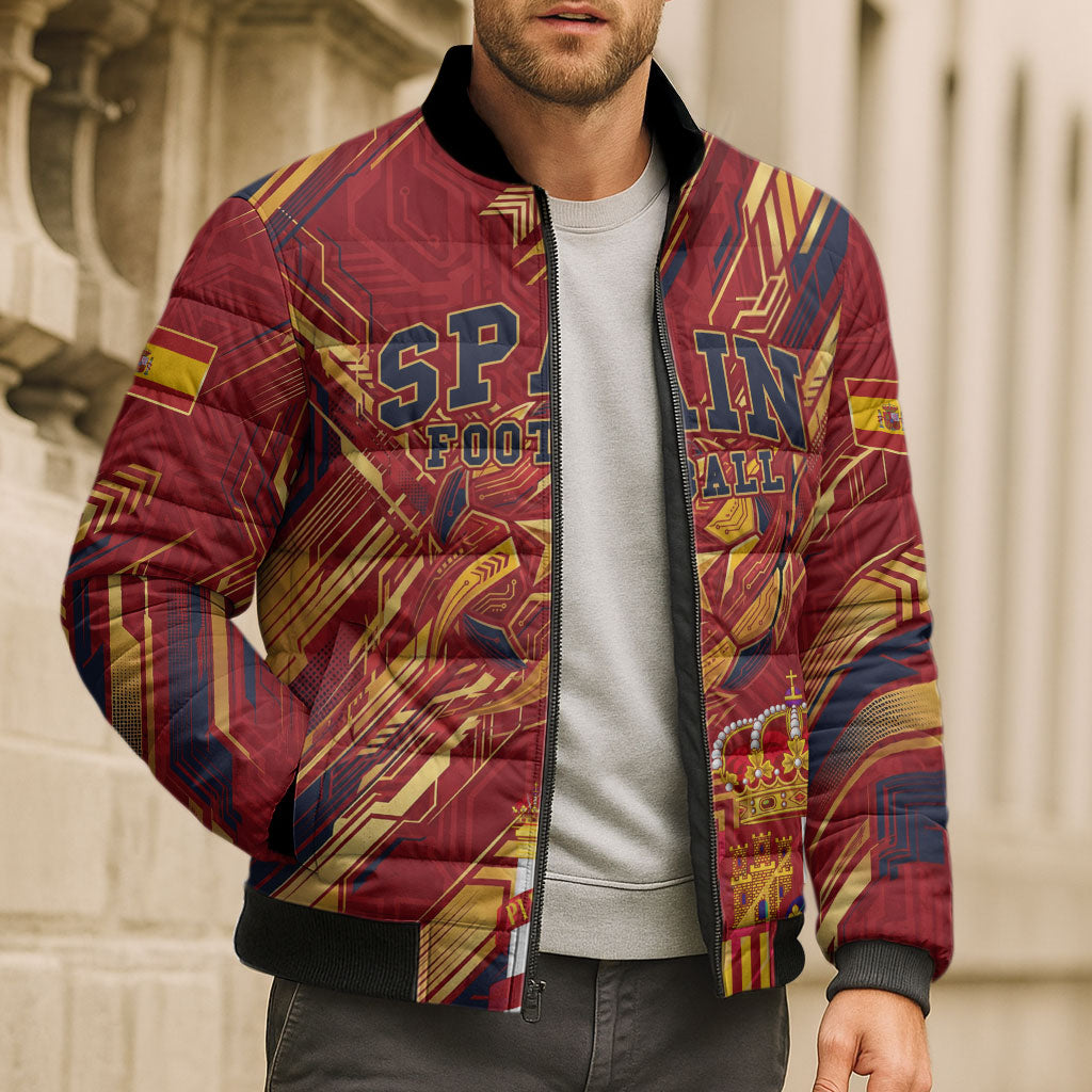 Personalized Spain Football Bomber Puffer Jacket Spanish Shield Bull Mascot