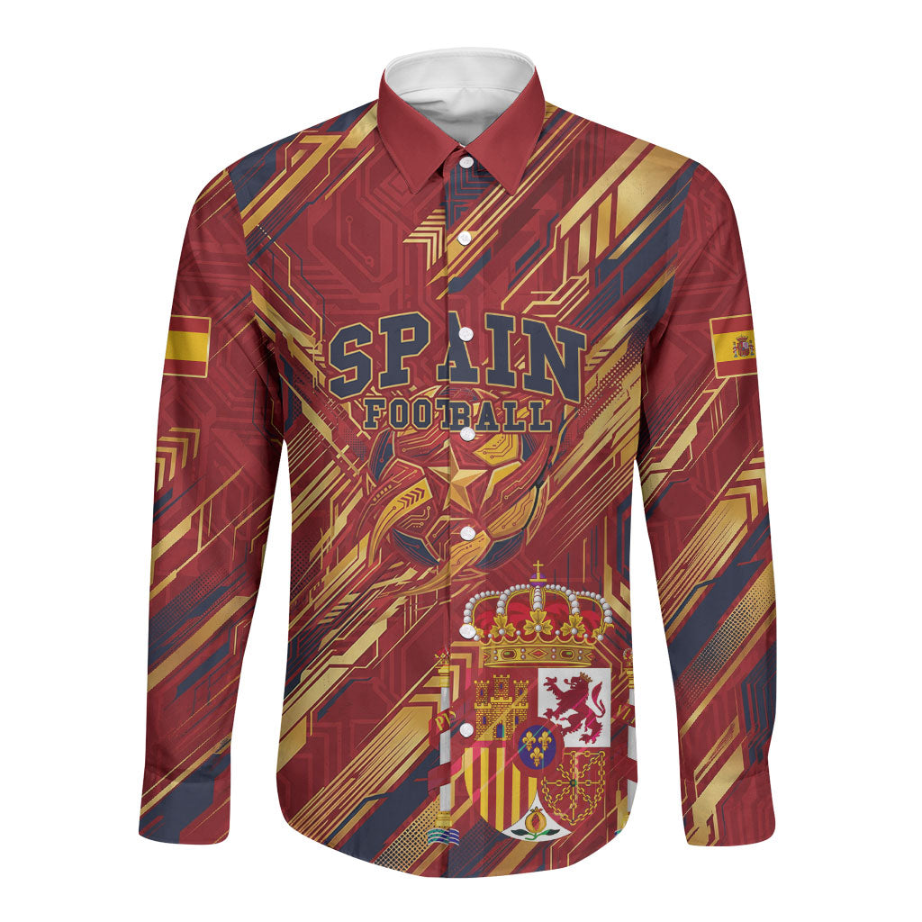 Personalized Spain Football Long Sleeve Button Shirt Spanish Shield Bull Mascot