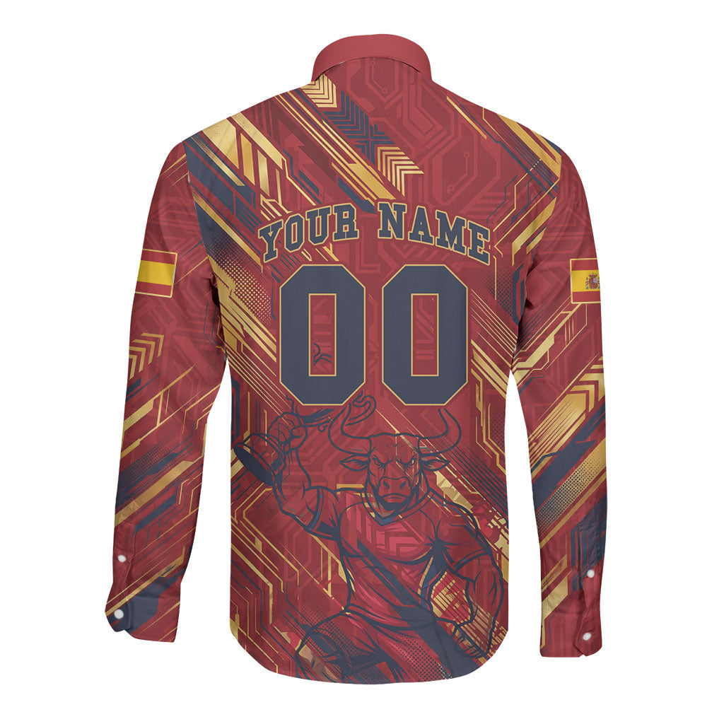 Personalized Spain Football Long Sleeve Button Shirt Spanish Shield Bull Mascot