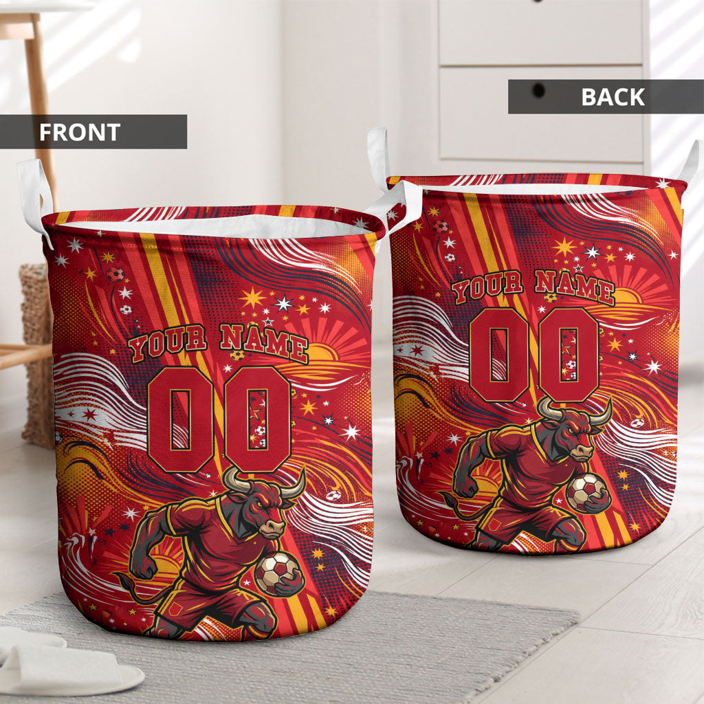Personalized Spain Football Bull Mascot Laundry Basket Dynamic Spanish Sunburst Abstract Flame
