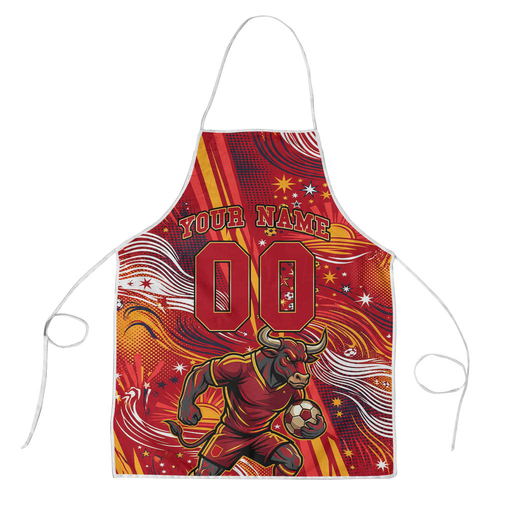 Personalized Spain Football Bull Mascot Apron Dynamic Spanish Sunburst Abstract Flame