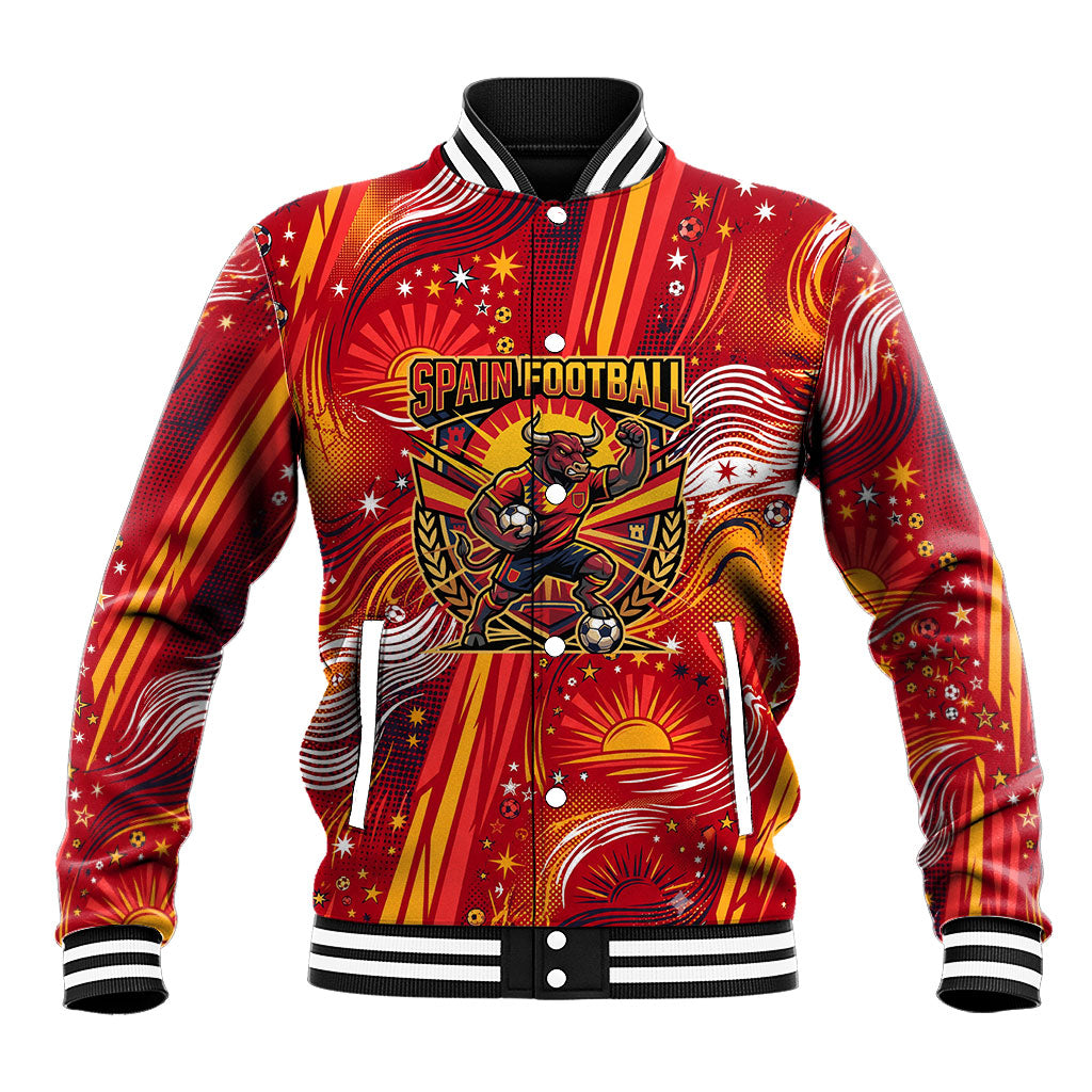 Personalized Spain Football Bull Mascot Baseball Jacket Dynamic Spanish Sunburst Abstract Flame