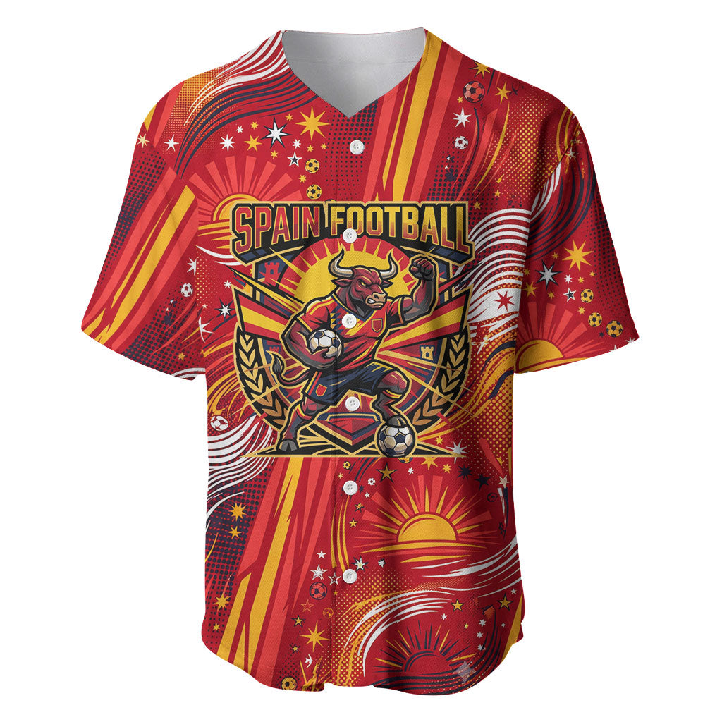 Personalized Spain Football Bull Mascot Baseball Jersey Dynamic Spanish Sunburst Abstract Flame