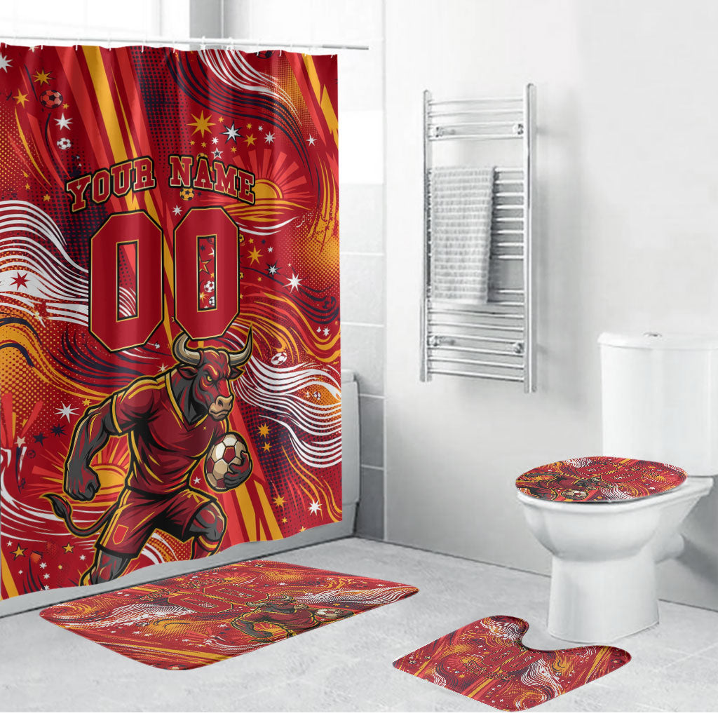 Personalized Spain Football Bull Mascot Bathroom Set Dynamic Spanish Sunburst Abstract Flame