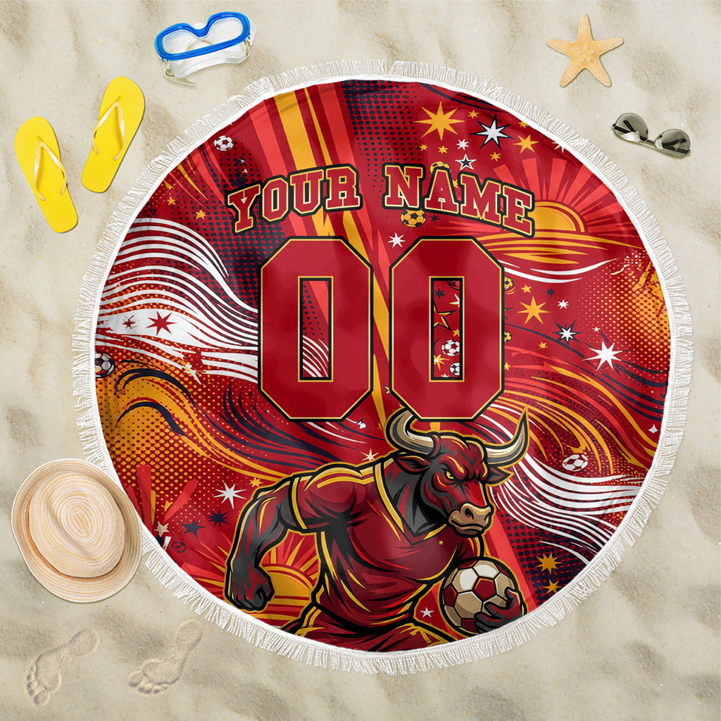 Personalized Spain Football Bull Mascot Beach Blanket Dynamic Spanish Sunburst Abstract Flame