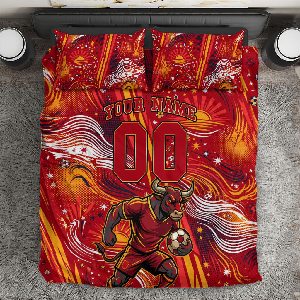 Personalized Spain Football Bull Mascot Bedding Set Dynamic Spanish Sunburst Abstract Flame