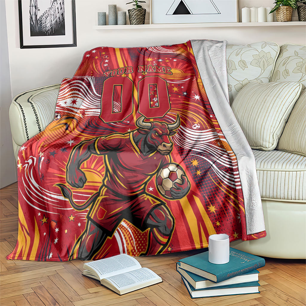 Personalized Spain Football Bull Mascot Blanket Dynamic Spanish Sunburst Abstract Flame