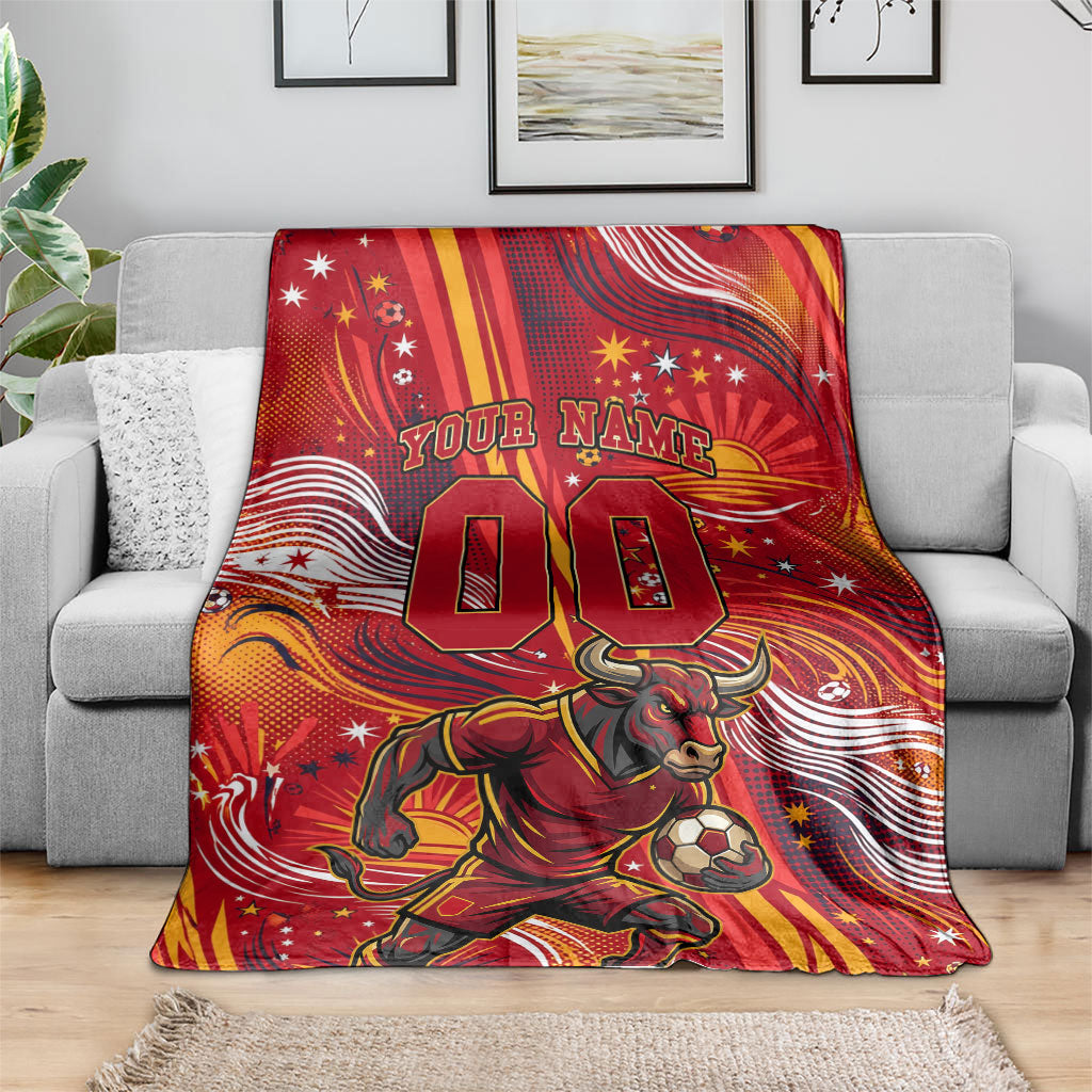 Personalized Spain Football Bull Mascot Blanket Dynamic Spanish Sunburst Abstract Flame