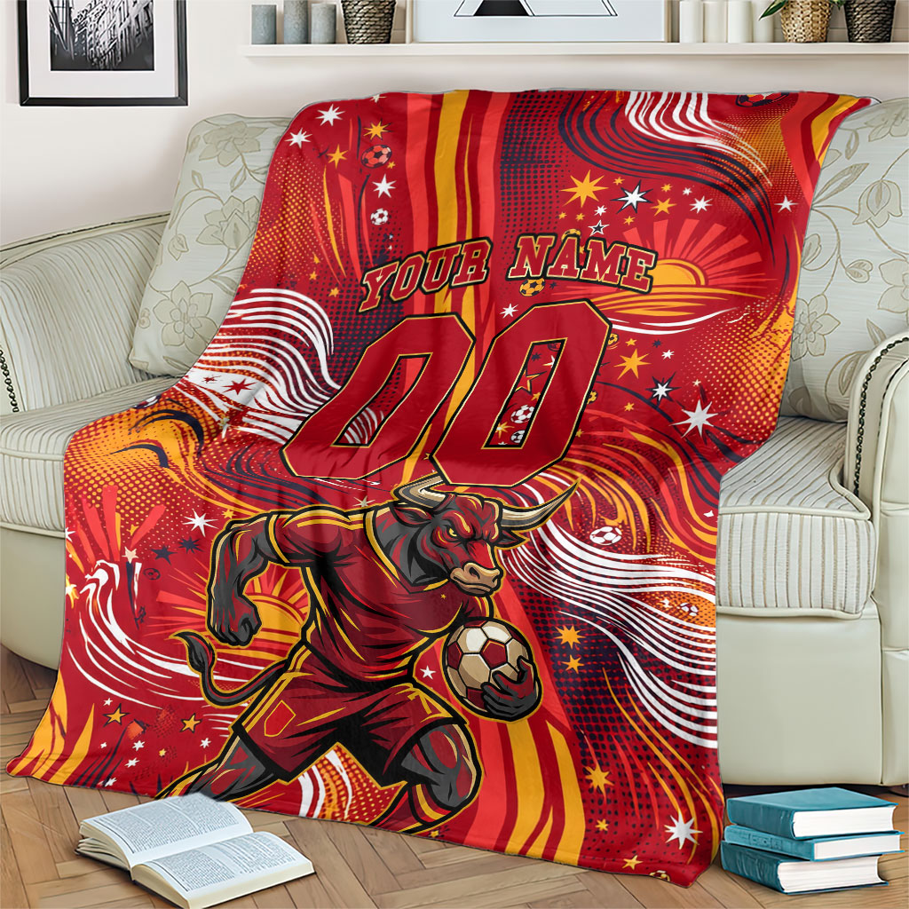 Personalized Spain Football Bull Mascot Blanket Dynamic Spanish Sunburst Abstract Flame