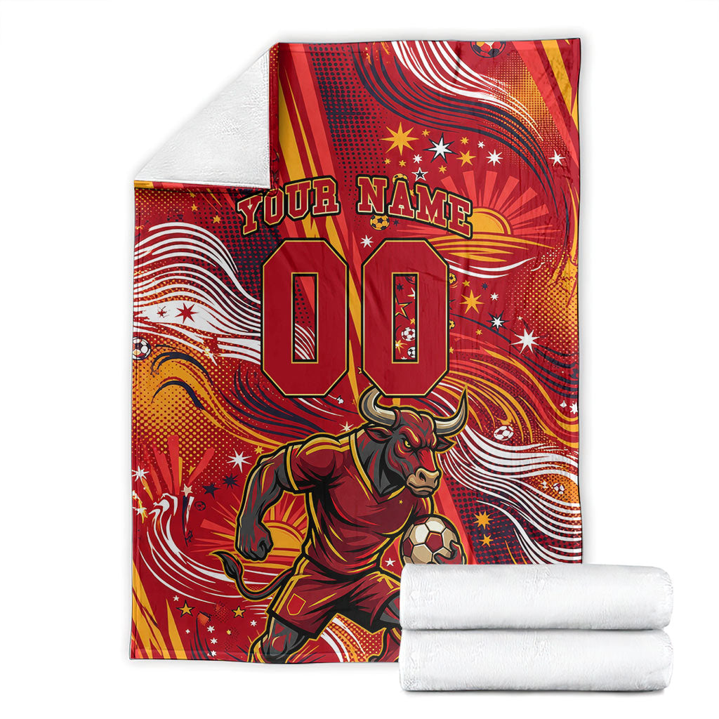 Personalized Spain Football Bull Mascot Blanket Dynamic Spanish Sunburst Abstract Flame