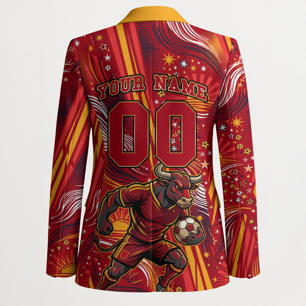 Personalized Spain Football Bull Mascot Blazer Dynamic Spanish Sunburst Abstract Flame