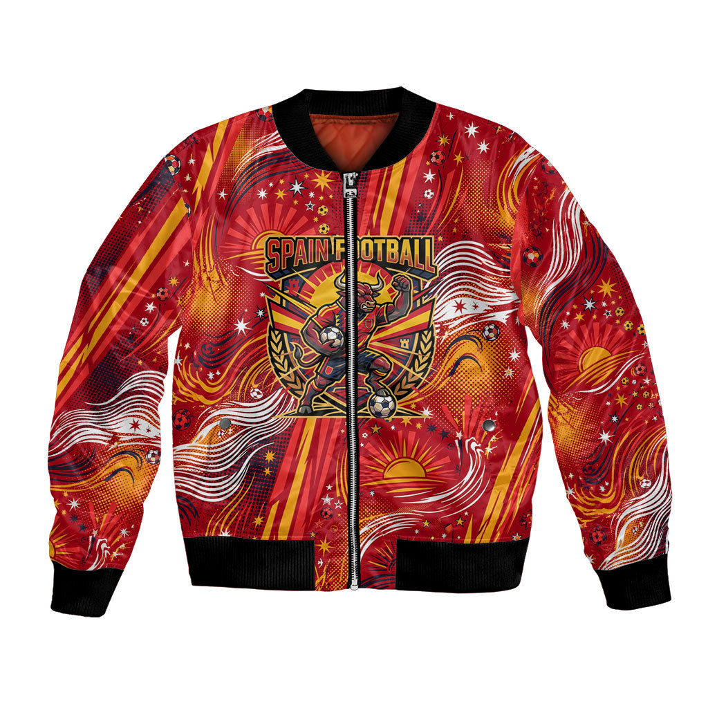 Personalized Spain Football Bull Mascot Bomber Jacket Dynamic Spanish Sunburst Abstract Flame