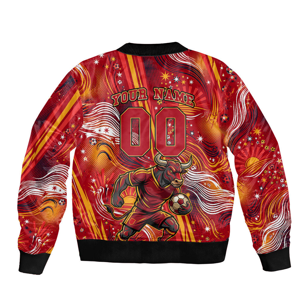 Personalized Spain Football Bull Mascot Bomber Jacket Dynamic Spanish Sunburst Abstract Flame