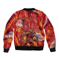 Personalized Spain Football Bull Mascot Bomber Jacket Dynamic Spanish Sunburst Abstract Flame