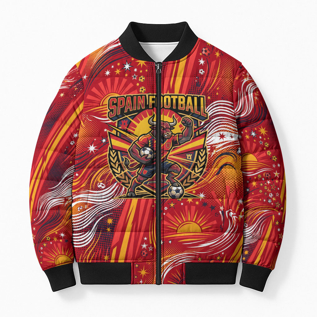 Personalized Spain Football Bull Mascot Bomber Puffer Jacket Dynamic Spanish Sunburst Abstract Flame