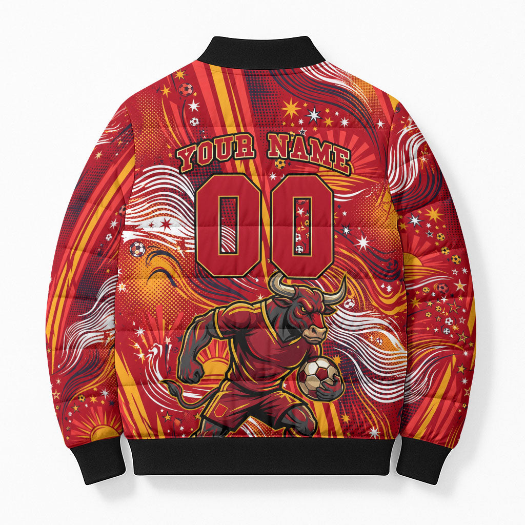 Personalized Spain Football Bull Mascot Bomber Puffer Jacket Dynamic Spanish Sunburst Abstract Flame