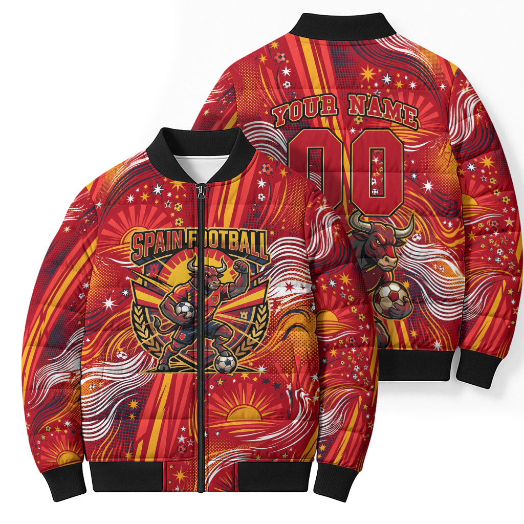 Personalized Spain Football Bull Mascot Bomber Puffer Jacket Dynamic Spanish Sunburst Abstract Flame