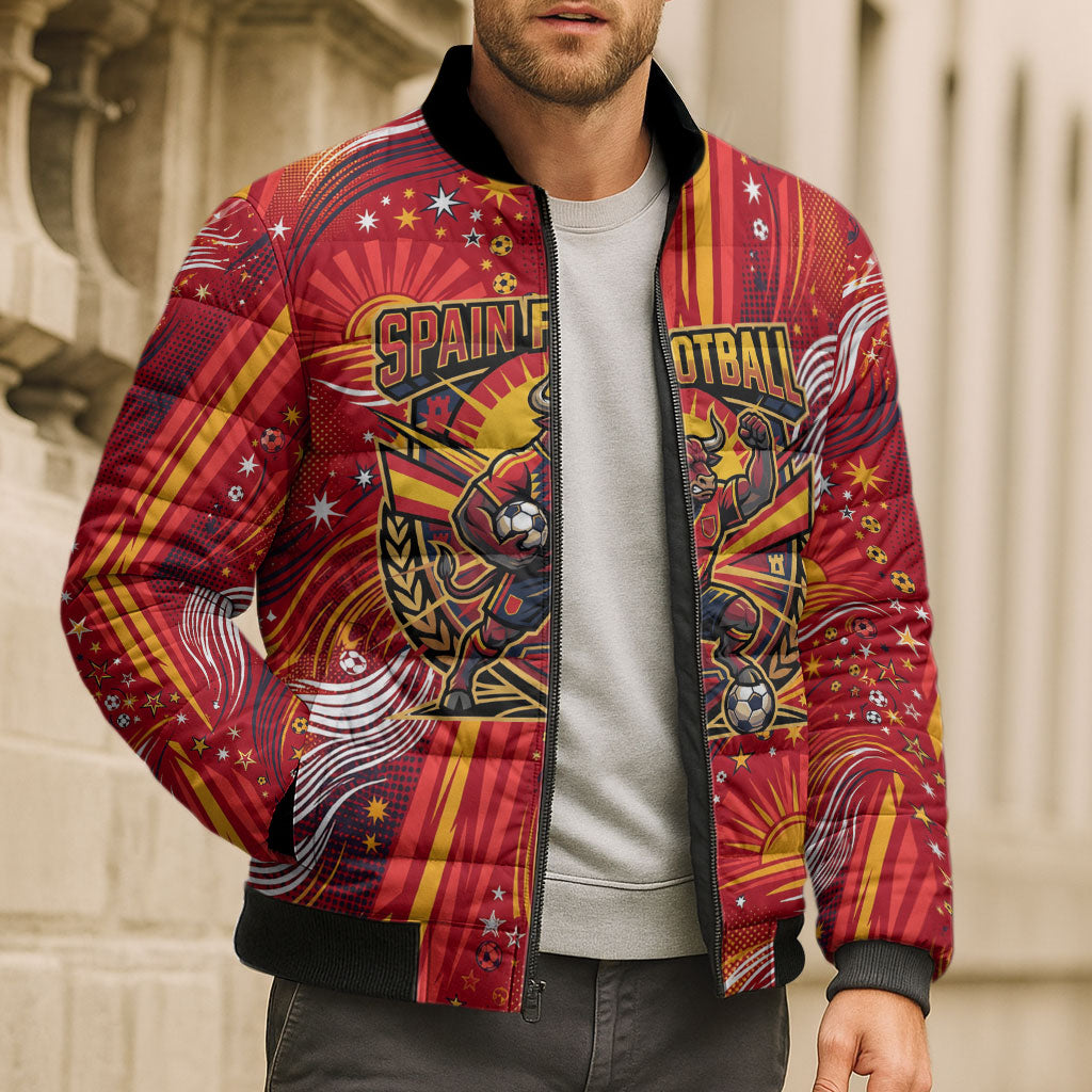 Personalized Spain Football Bull Mascot Bomber Puffer Jacket Dynamic Spanish Sunburst Abstract Flame