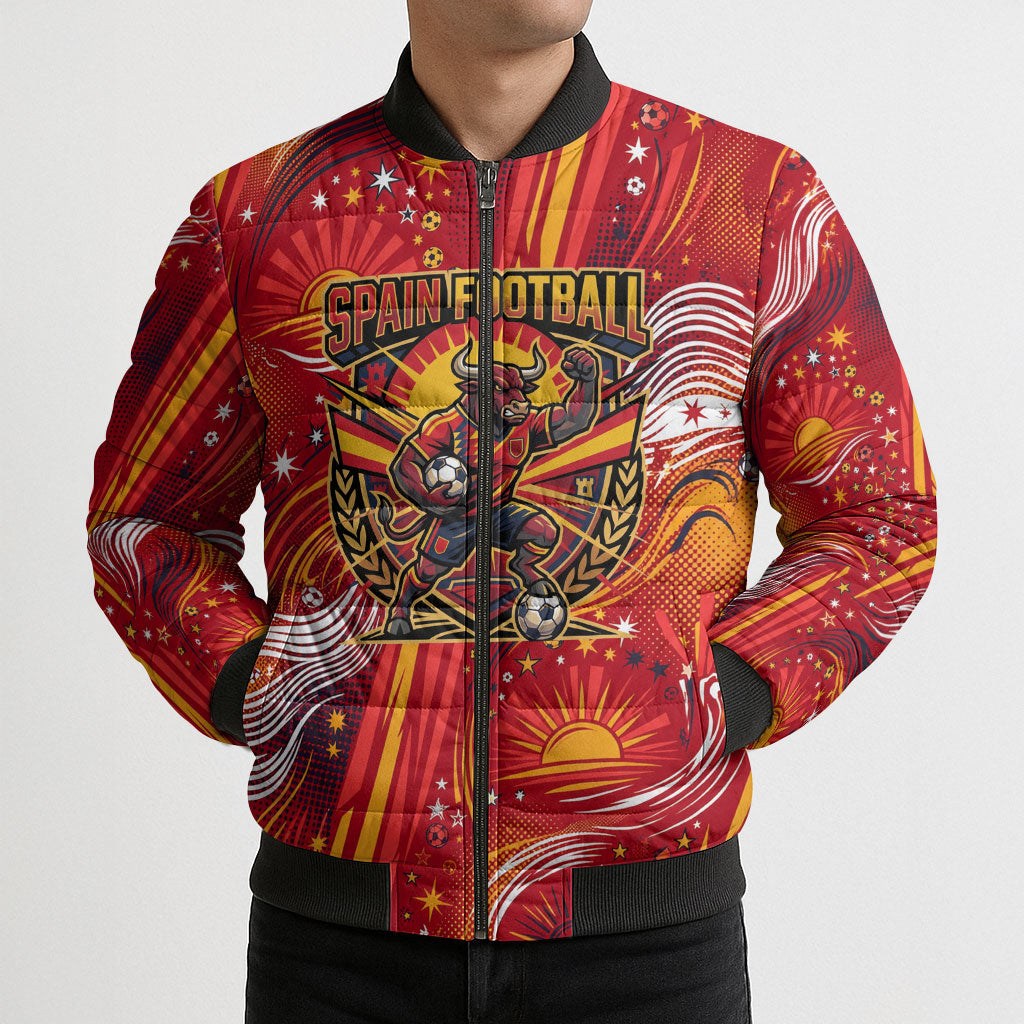 Personalized Spain Football Bull Mascot Bomber Puffer Jacket Dynamic Spanish Sunburst Abstract Flame