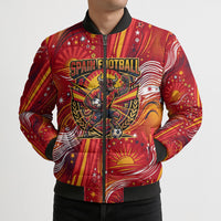 Personalized Spain Football Bull Mascot Bomber Puffer Jacket Dynamic Spanish Sunburst Abstract Flame