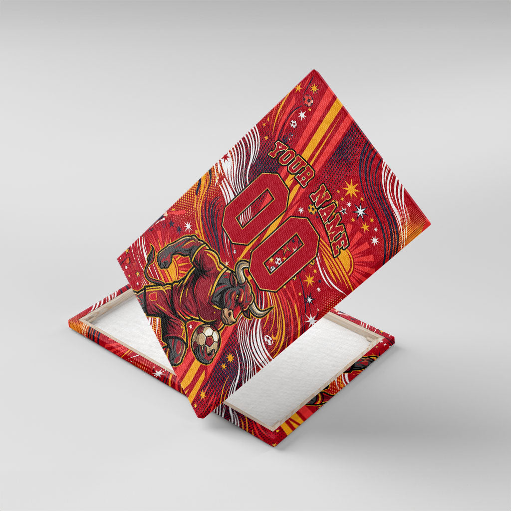 Personalized Spain Football Bull Mascot Canvas Wall Art Dynamic Spanish Sunburst Abstract Flame