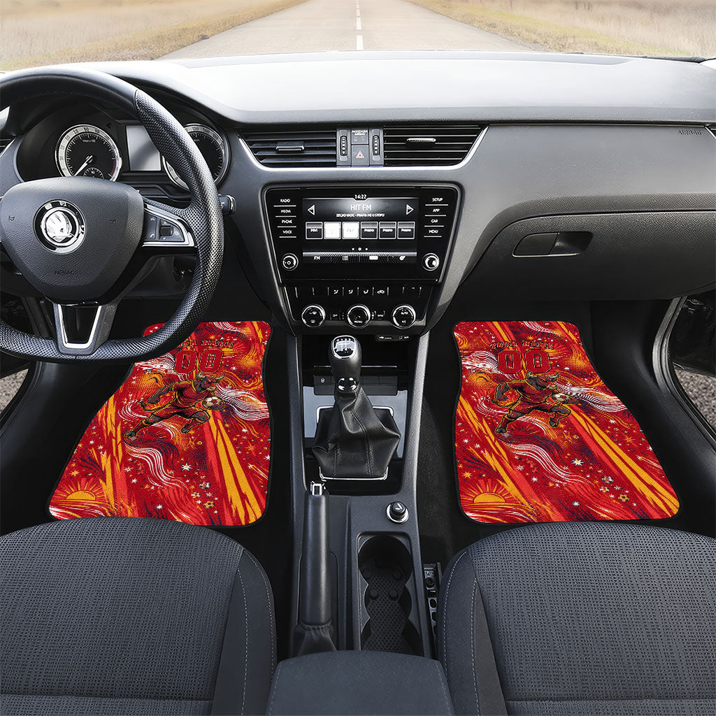 Personalized Spain Football Bull Mascot Car Mats Dynamic Spanish Sunburst Abstract Flame