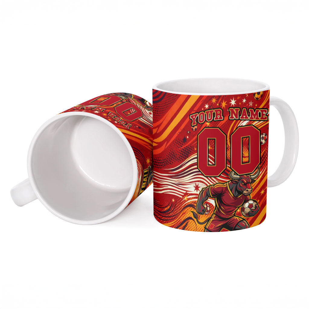 Personalized Spain Football Bull Mascot Ceramic Mug Dynamic Spanish Sunburst Abstract Flame