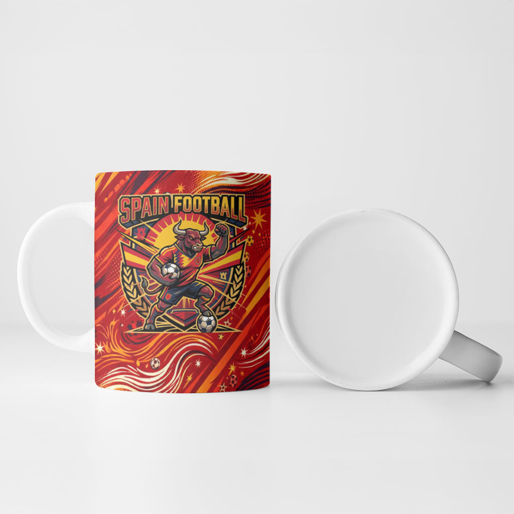 Personalized Spain Football Bull Mascot Ceramic Mug Dynamic Spanish Sunburst Abstract Flame
