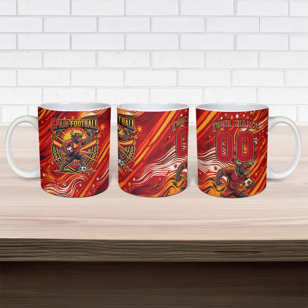 Personalized Spain Football Bull Mascot Ceramic Mug Dynamic Spanish Sunburst Abstract Flame
