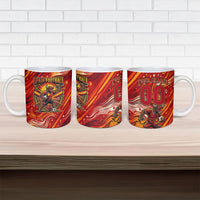 Personalized Spain Football Bull Mascot Ceramic Mug Dynamic Spanish Sunburst Abstract Flame