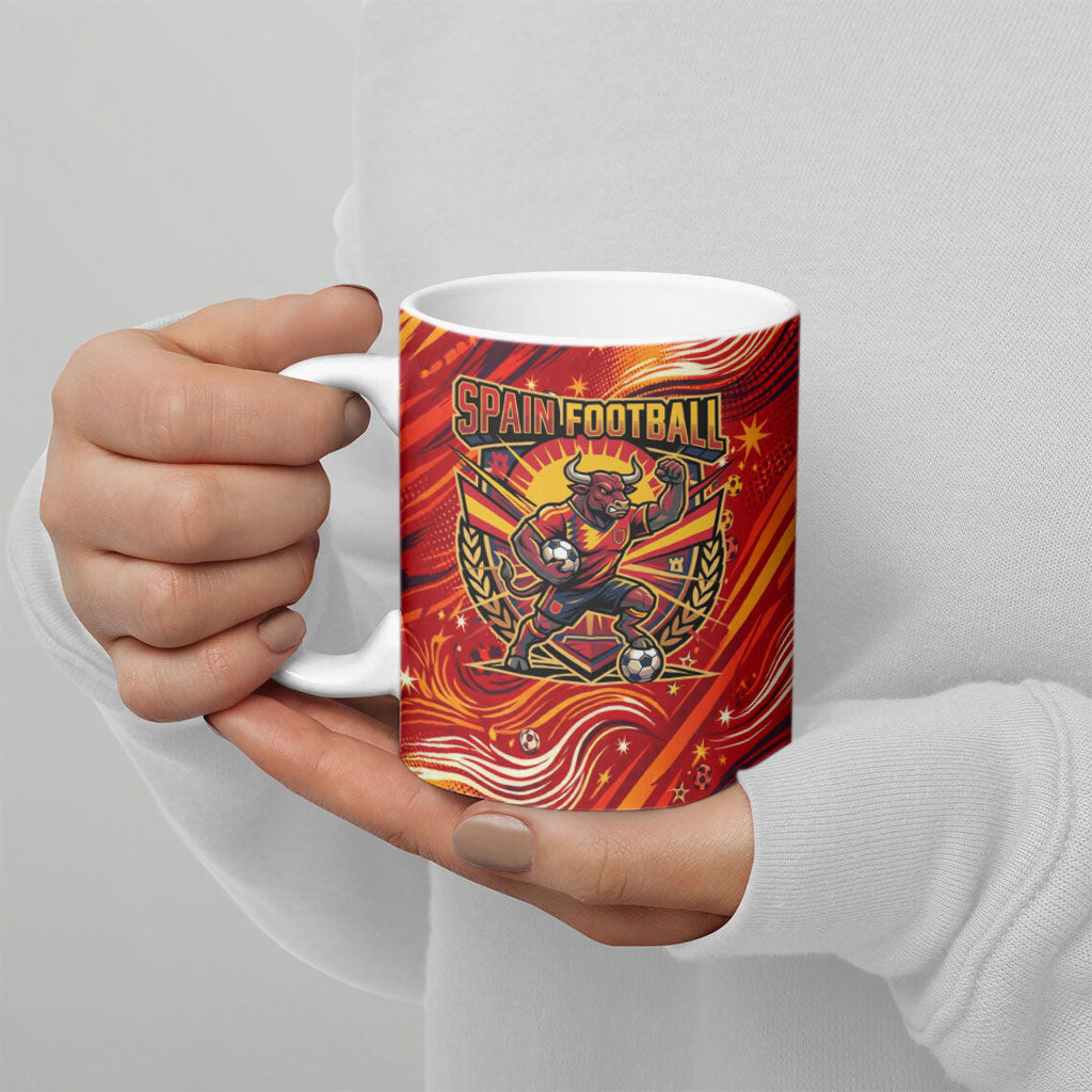 Personalized Spain Football Bull Mascot Ceramic Mug Dynamic Spanish Sunburst Abstract Flame