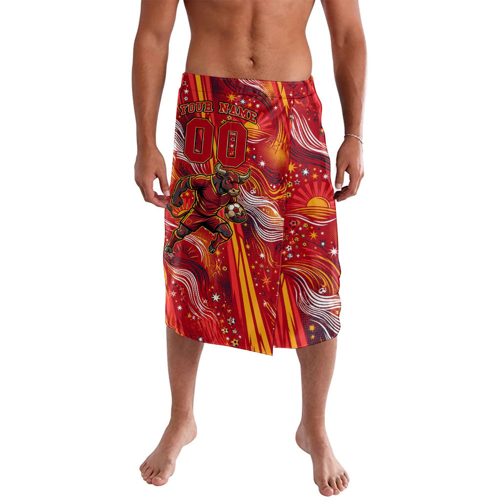 Personalized Spain Football Bull Mascot Lavalava Dynamic Spanish Sunburst Abstract Flame