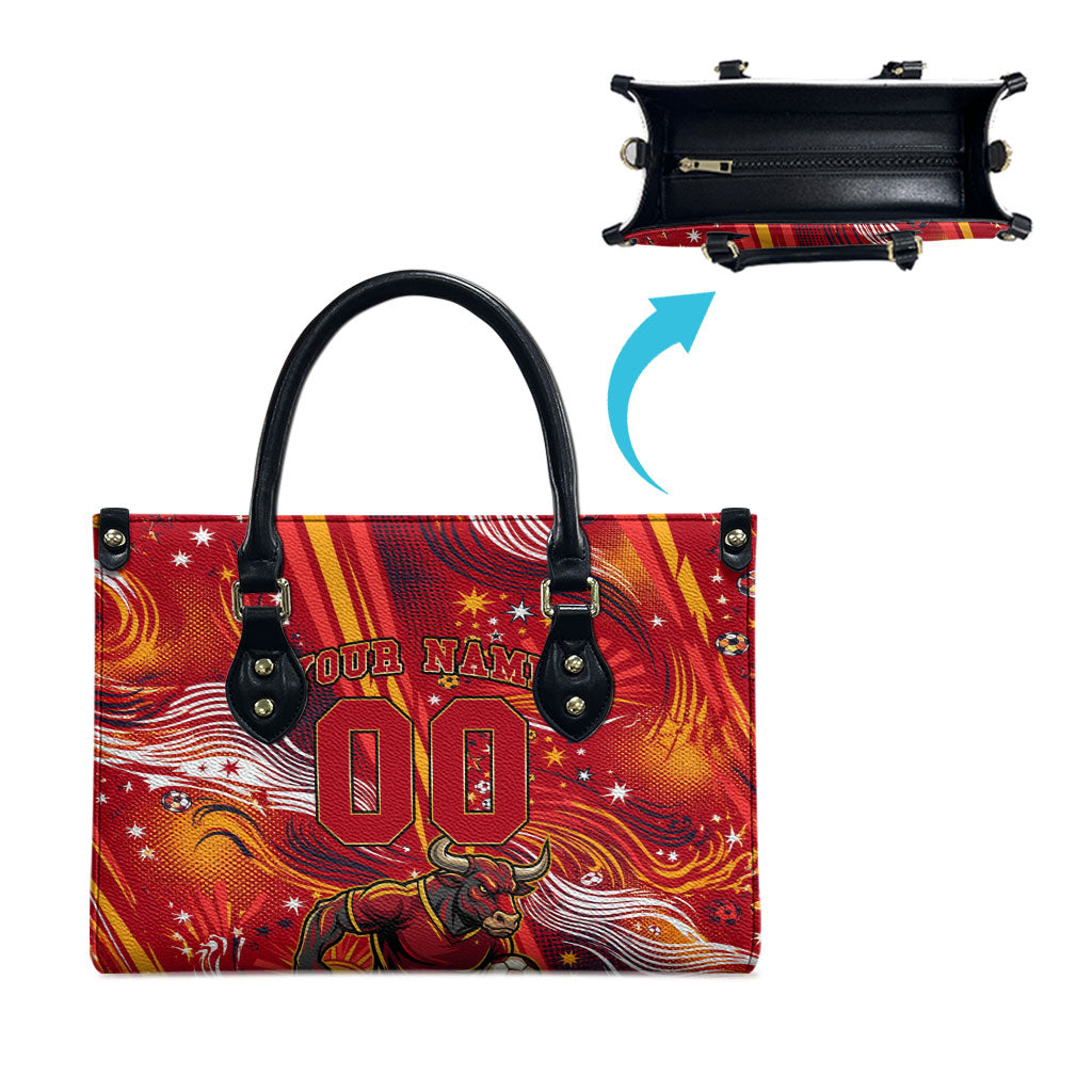 Personalized Spain Football Bull Mascot Leather Bag Dynamic Spanish Sunburst Abstract Flame