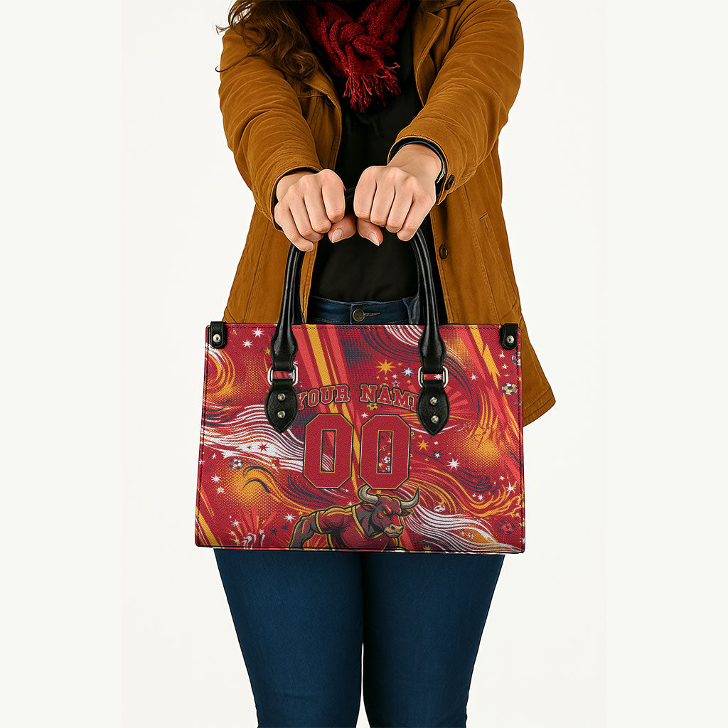 Personalized Spain Football Bull Mascot Leather Bag Dynamic Spanish Sunburst Abstract Flame